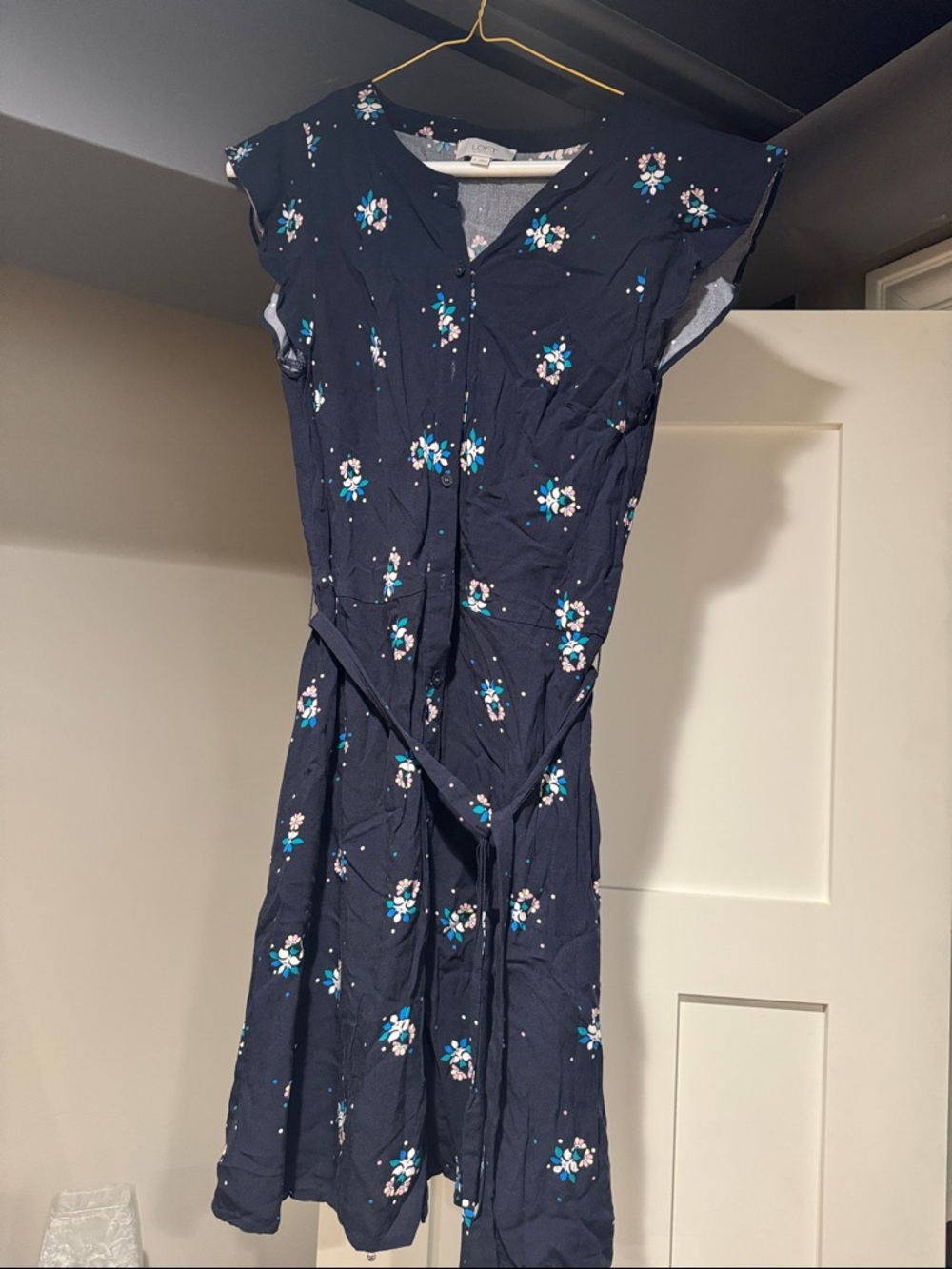 LOFT Navy Floral Cap-Sleeve Midi Dress with Tie Waist
